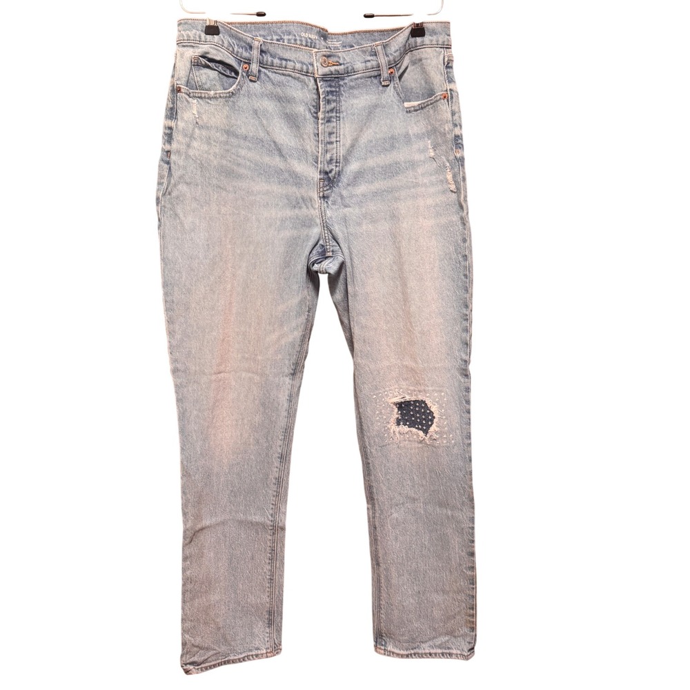 Old Navy Womens 14 Tall Light Wash Slouchy‎ Straight Jeans Blue Patch Denim